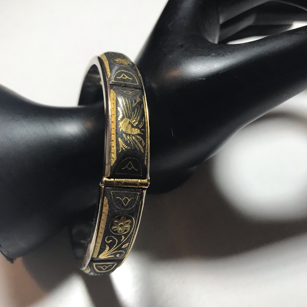 Damascene Bracelet Real Gold Inlay Cuff Bangle 7.5”L Safety Chain